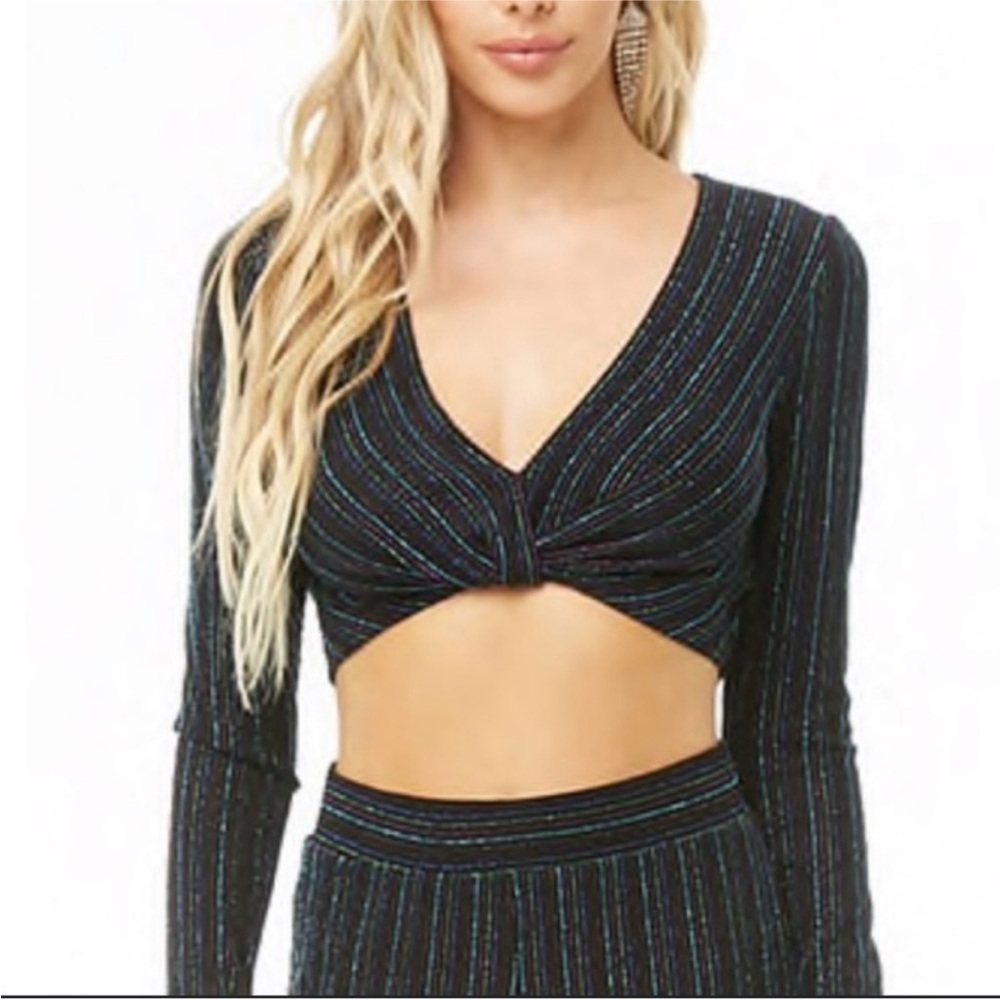 Forever 21 crop cropped top long sleeve black metallic striped shimmer medium